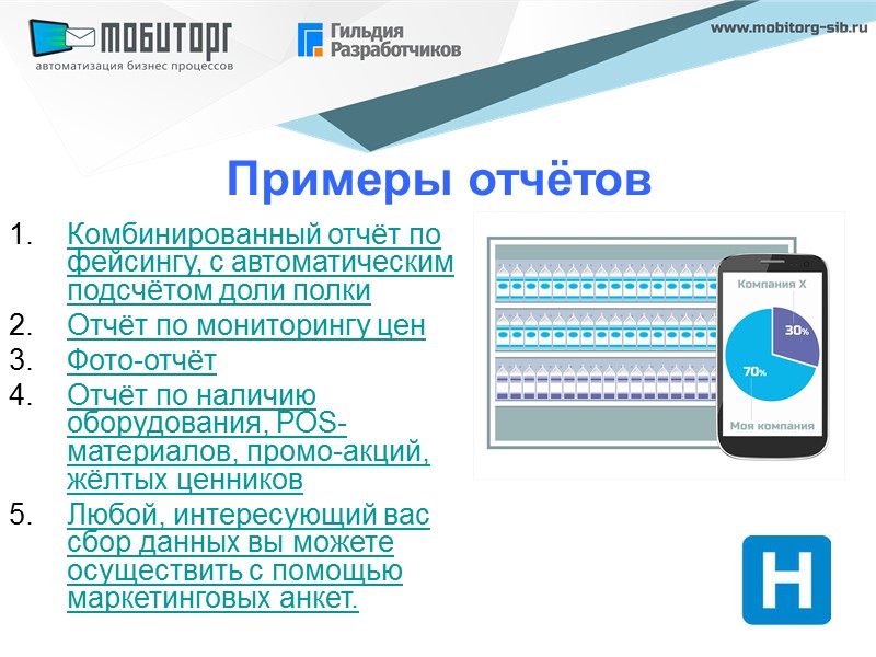 Примеры отчётов Комбинированный отчёт по фейсингу, с автоматическим подсчётом доли полки  Отчёт по